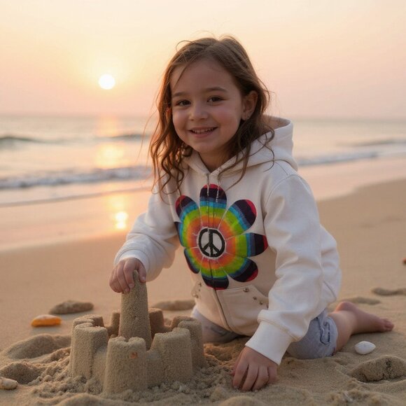 Flowers by Zoe Girls Hoodie 4 White Terry Zip Sweatshirt Rainbow Peace Y2K Retro - Picture 1 of 14